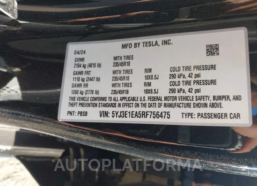 TESLA MODEL 3 2024 vin 5YJ3E1EA5RF756475 from auto auction Iaai