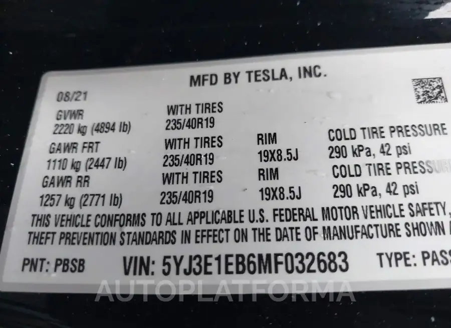 TESLA MODEL 3 2021 vin 5YJ3E1EB6MF032683 from auto auction Iaai