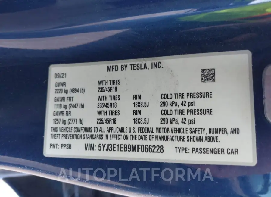 TESLA MODEL 3 2021 vin 5YJ3E1EB9MF066228 from auto auction Iaai