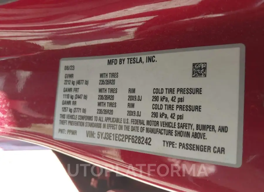 TESLA MODEL 3 2023 vin 5YJ3E1EC2PF628242 from auto auction Iaai