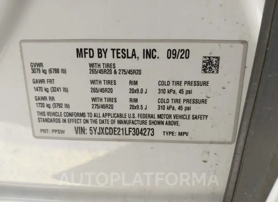 TESLA MODEL X 2020 vin 5YJXCDE21LF304273 from auto auction Iaai