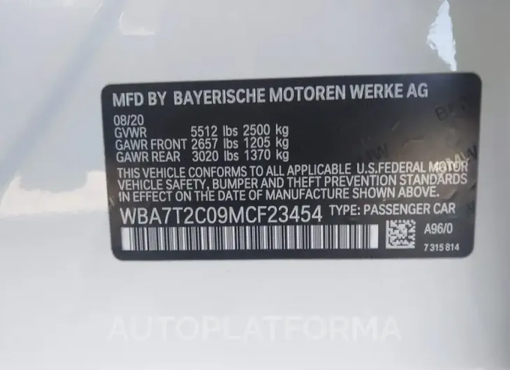 BMW 740I 2021 vin WBA7T2C09MCF23454 from auto auction Iaai