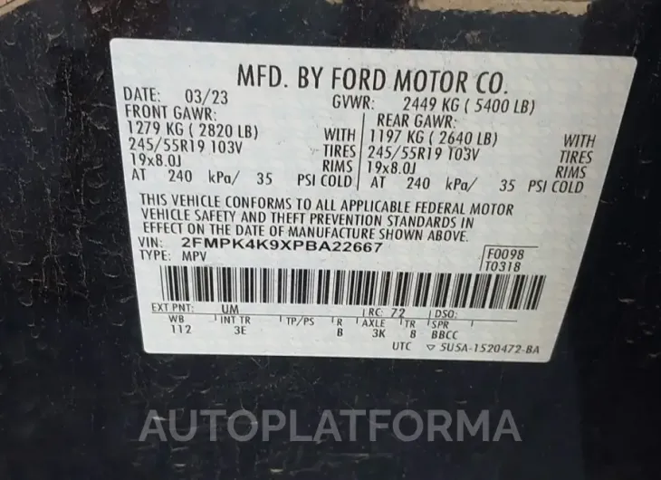 FORD EDGE 2023 vin 2FMPK4K9XPBA22667 from auto auction Iaai