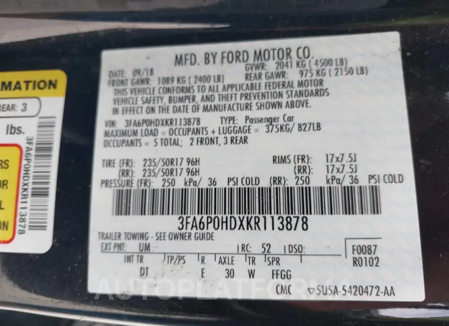 FORD FUSION 2019 vin 3FA6P0HDXKR113878 from auto auction Iaai