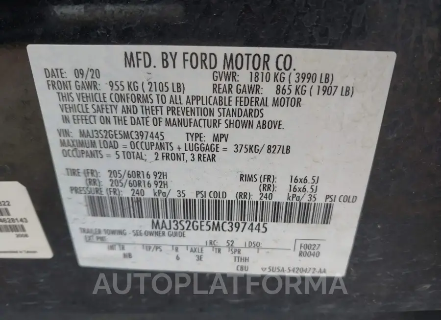 FORD ECOSPORT 2021 vin MAJ3S2GE5MC397445 from auto auction Iaai