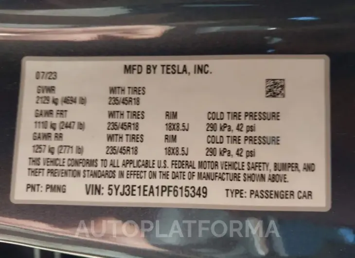 TESLA MODEL 3 2023 vin 5YJ3E1EA1PF615349 from auto auction Iaai