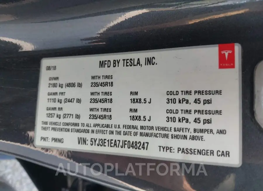 TESLA MODEL 3 2018 vin 5YJ3E1EA7JF048247 from auto auction Iaai