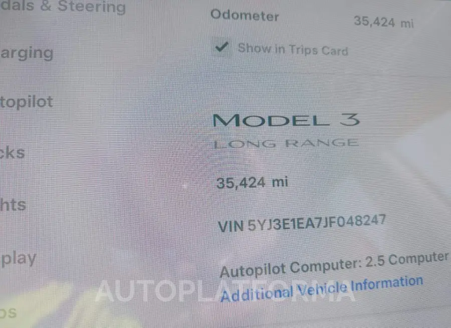 TESLA MODEL 3 2018 vin 5YJ3E1EA7JF048247 from auto auction Iaai