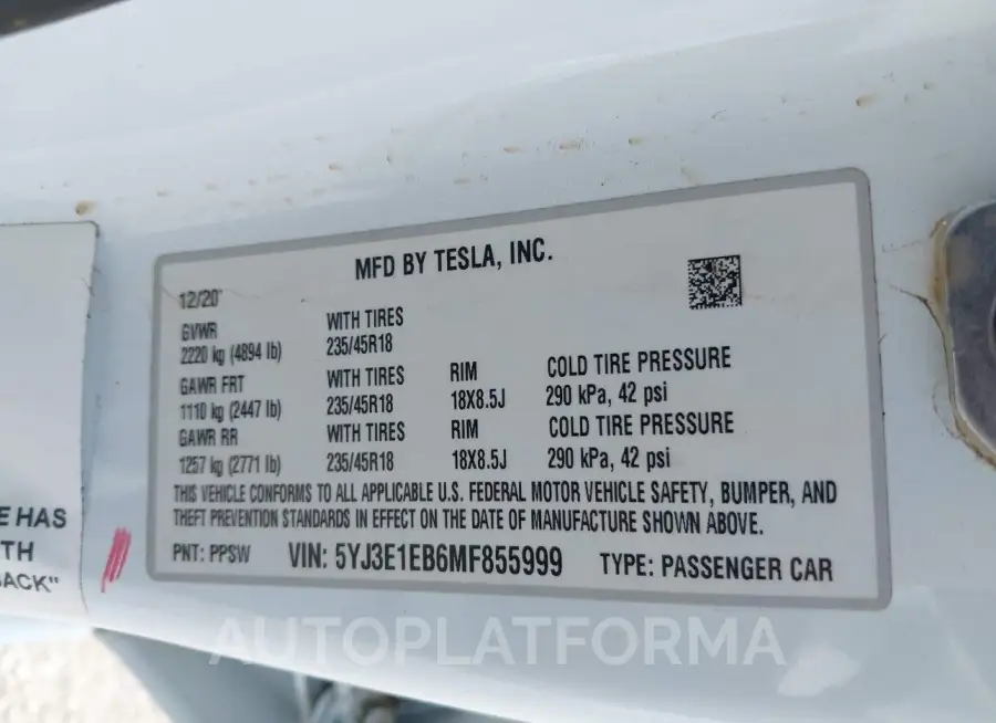 TESLA MODEL 3 2021 vin 5YJ3E1EB6MF855999 from auto auction Iaai