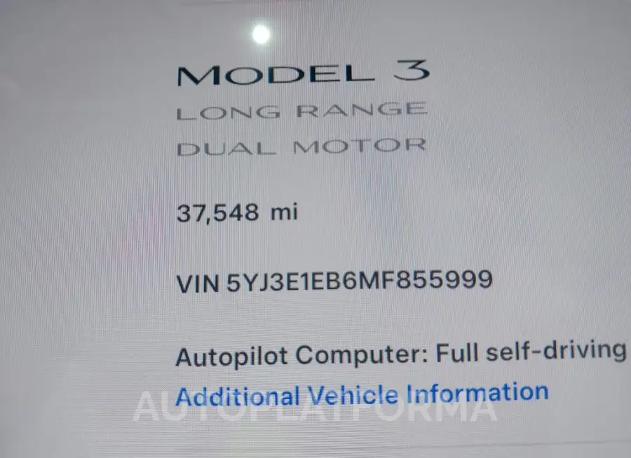 TESLA MODEL 3 2021 vin 5YJ3E1EB6MF855999 from auto auction Iaai