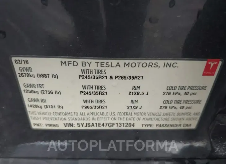 TESLA MODEL S 2016 vin 5YJSA1E47GF131204 from auto auction Iaai