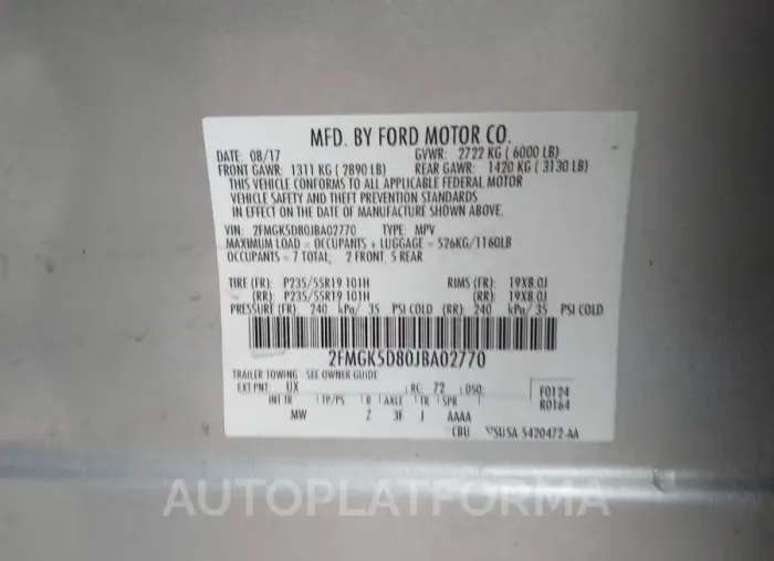 FORD FLEX 2018 vin 2FMGK5D80JBA02770 from auto auction Iaai