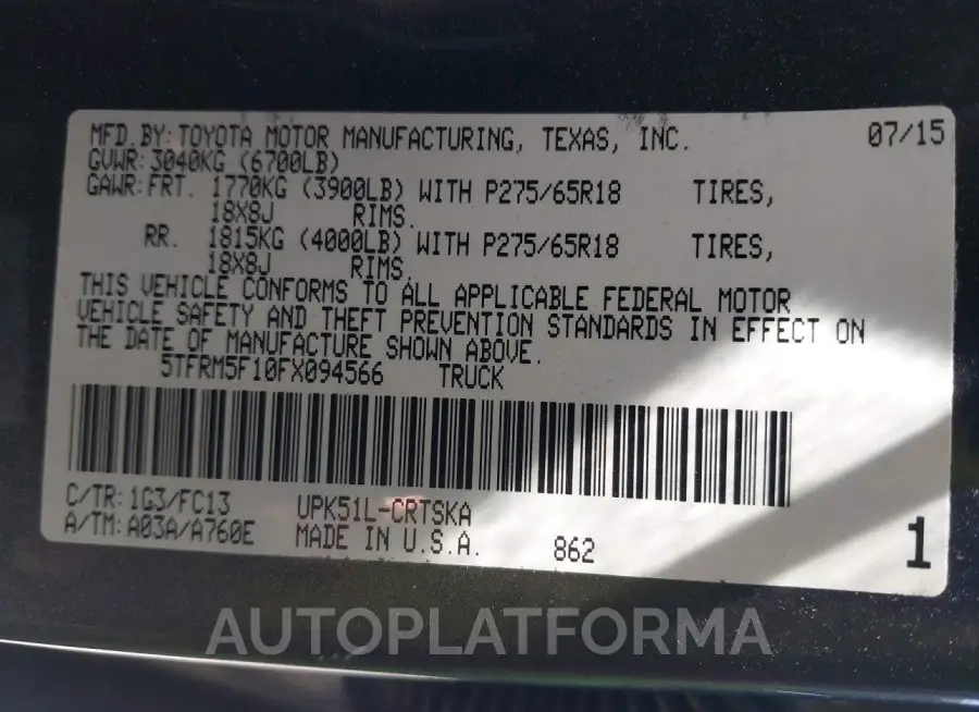 TOYOTA TUNDRA 2015 vin 5TFRM5F10FX094566 from auto auction Iaai