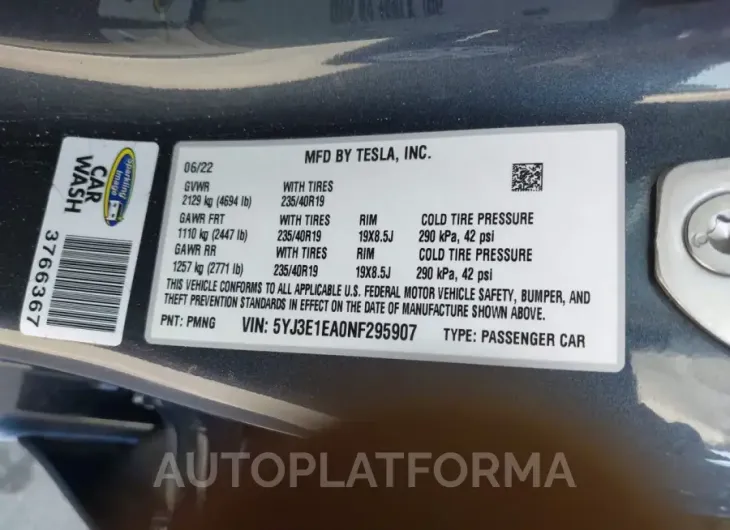 TESLA MODEL 3 2022 vin 5YJ3E1EA0NF295907 from auto auction Iaai