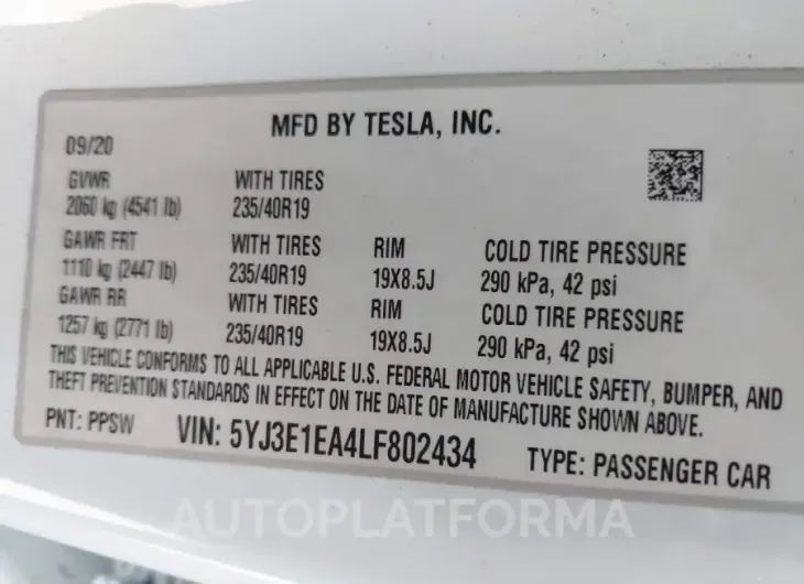 TESLA MODEL 3 2020 vin 5YJ3E1EA4LF802434 from auto auction Iaai