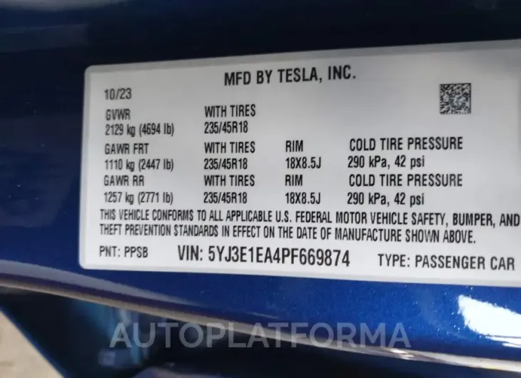 TESLA MODEL 3 2023 vin 5YJ3E1EA4PF669874 from auto auction Iaai