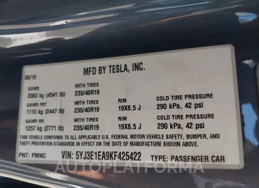 TESLA MODEL 3 2019 vin 5YJ3E1EA9KF425422 from auto auction Iaai