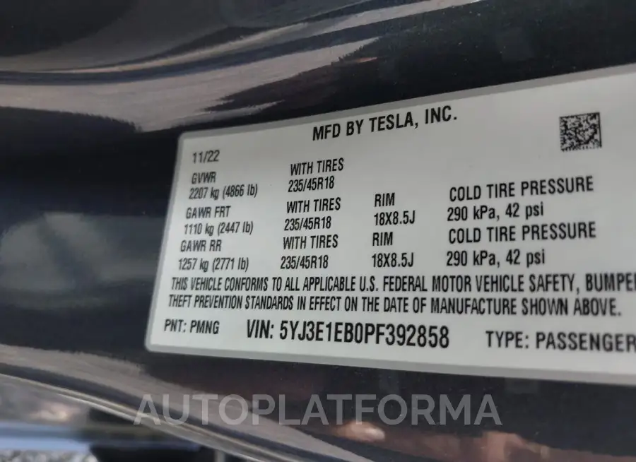 TESLA MODEL 3 2023 vin 5YJ3E1EB0PF392858 from auto auction Iaai