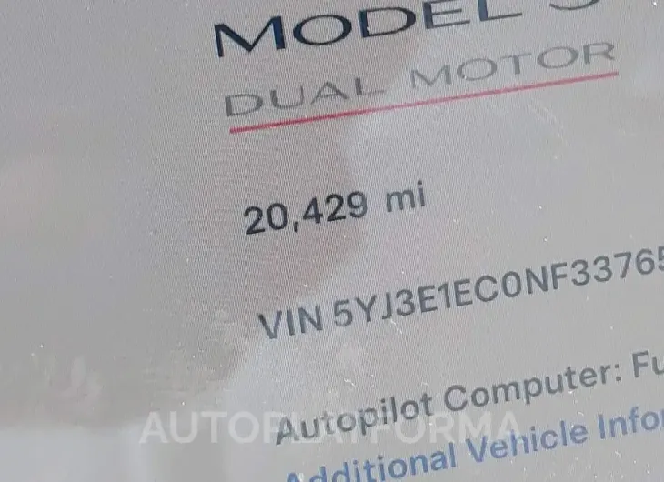 TESLA MODEL 3 2022 vin 5YJ3E1EC0NF337655 from auto auction Iaai