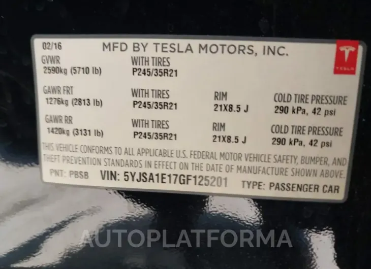 TESLA MODEL S 2016 vin 5YJSA1E17GF125201 from auto auction Iaai