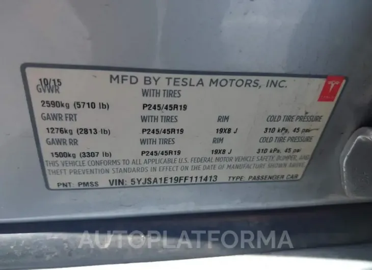 TESLA MODEL S 2015 vin 5YJSA1E19FF111413 from auto auction Iaai