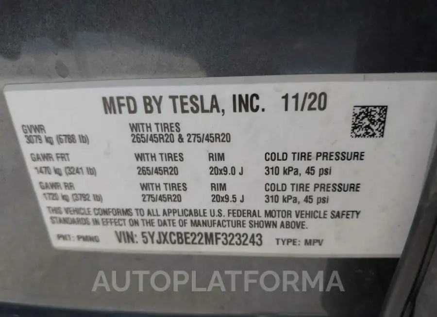 TESLA MODEL X 2021 vin 5YJXCBE22MF323243 from auto auction Iaai