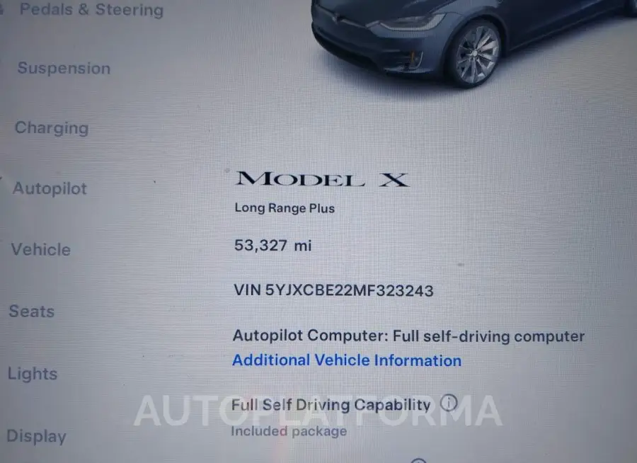 TESLA MODEL X 2021 vin 5YJXCBE22MF323243 from auto auction Iaai