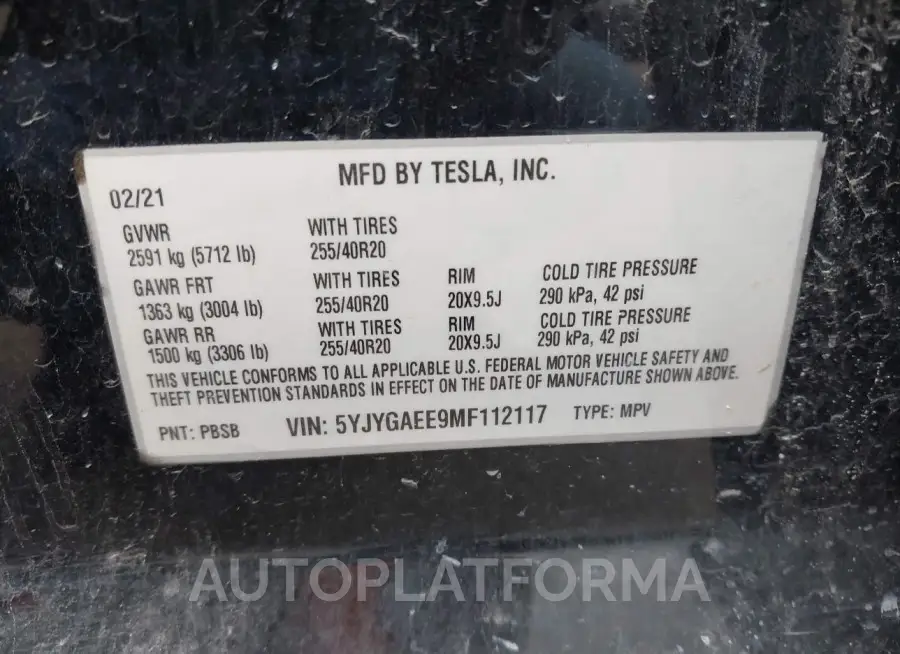 TESLA MODEL Y 2021 vin 5YJYGAEE9MF112117 from auto auction Iaai