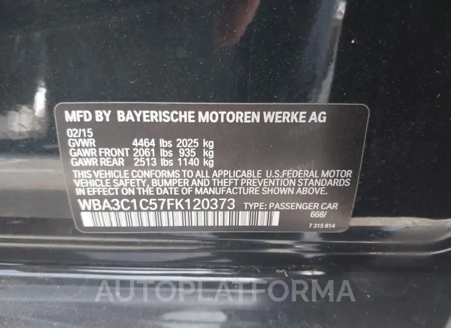 BMW 328I  2015 vin WBA3C1C57FK120373 from auto auction Iaai