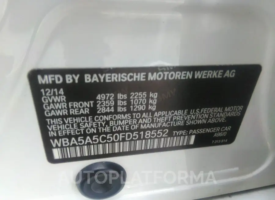 BMW 528I 2015 vin WBA5A5C50FD518552 from auto auction Iaai