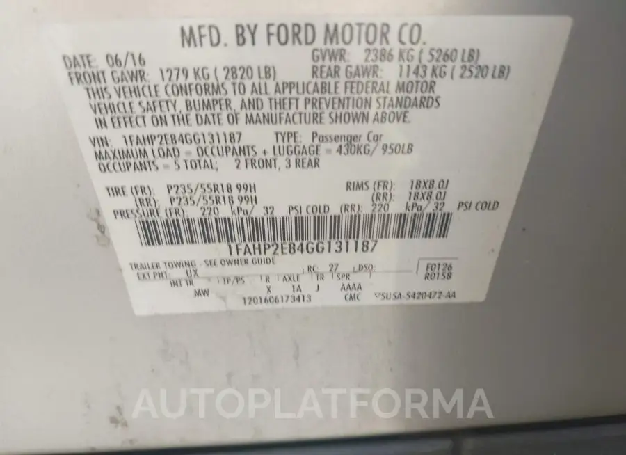 FORD TAURUS 2016 vin 1FAHP2E84GG131187 from auto auction Iaai