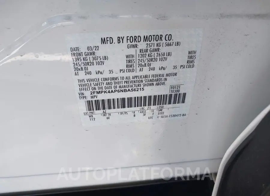 FORD EDGE 2022 vin 2FMPK4AP6NBA56215 from auto auction Iaai