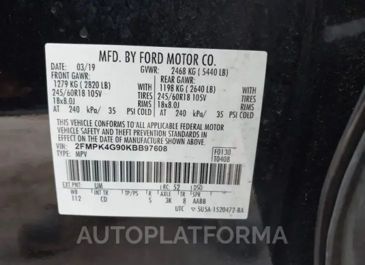 FORD EDGE 2019 vin 2FMPK4G90KBB97608 from auto auction Iaai