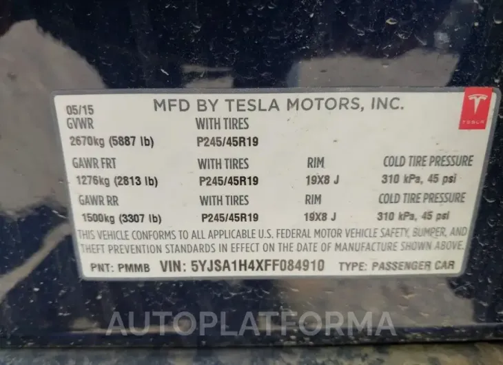 TESLA MODEL S 2015 vin 5YJSA1H4XFF084910 from auto auction Iaai