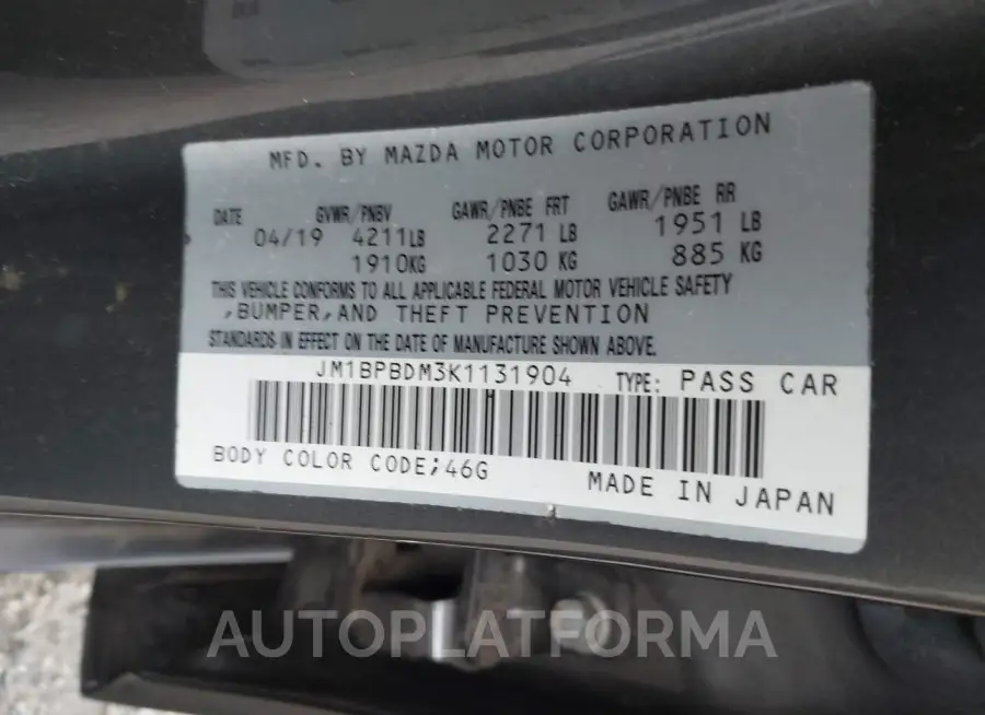 MAZDA MAZDA3 2019 vin JM1BPBDM3K1131904 from auto auction Iaai