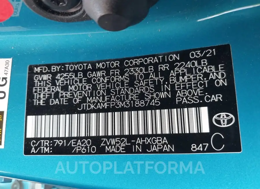 TOYOTA PRIUS PRIME 2021 vin JTDKAMFP3M3188745 from auto auction Iaai