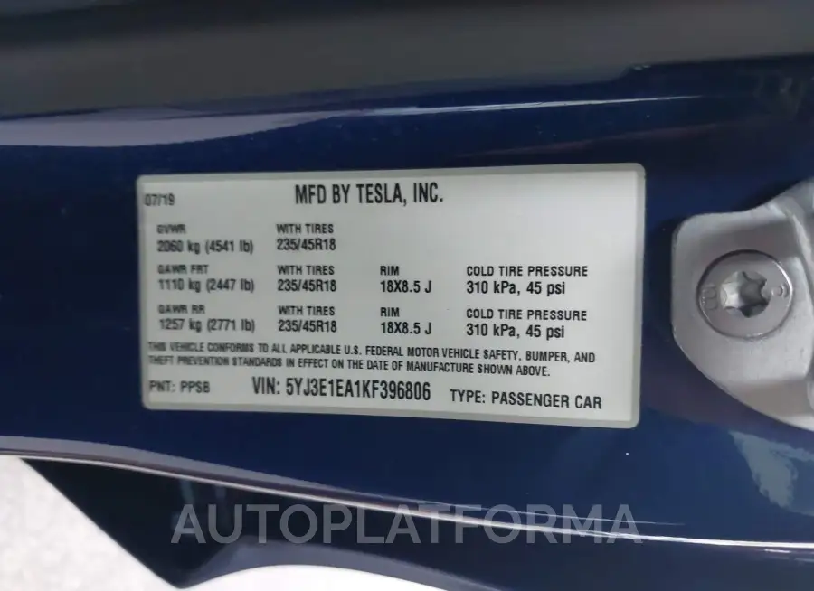 TESLA MODEL 3 2019 vin 5YJ3E1EA1KF396806 from auto auction Iaai