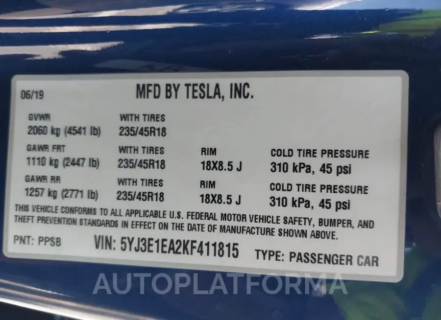 TESLA MODEL 3 2019 vin 5YJ3E1EA2KF411815 from auto auction Iaai