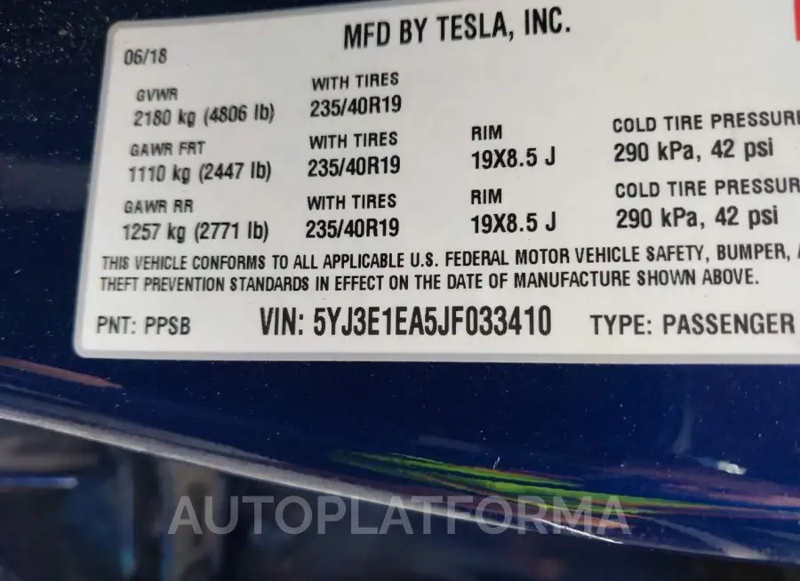 TESLA MODEL 3 2018 vin 5YJ3E1EA5JF033410 from auto auction Iaai