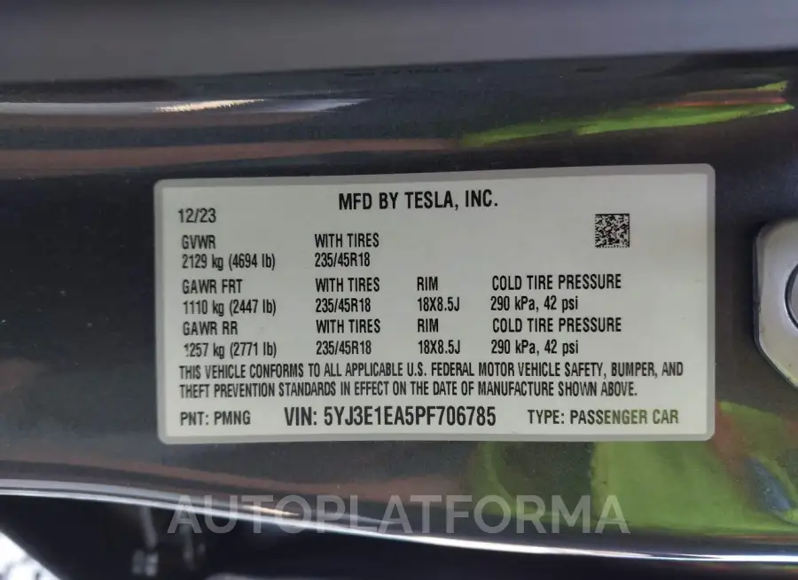 TESLA MODEL 3 2023 vin 5YJ3E1EA5PF706785 from auto auction Iaai