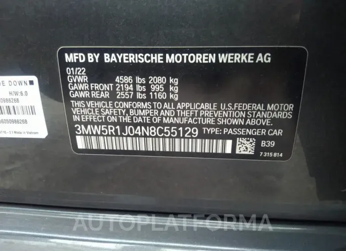 BMW 330I 2022 vin 3MW5R1J04N8C55129 from auto auction Iaai