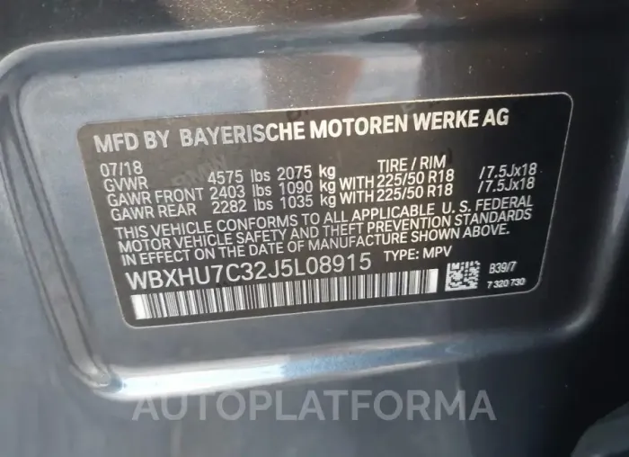 BMW X1 2018 vin WBXHU7C32J5L08915 from auto auction Iaai