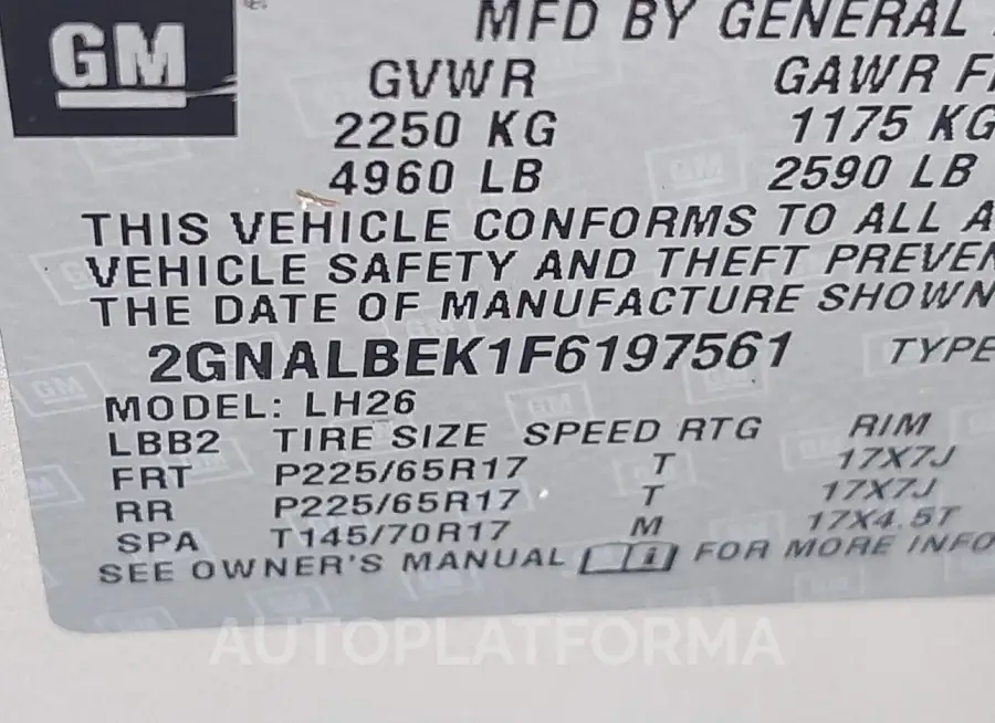 CHEVROLET EQUINOX 2015 vin 2GNALBEK1F6197561 from auto auction Iaai