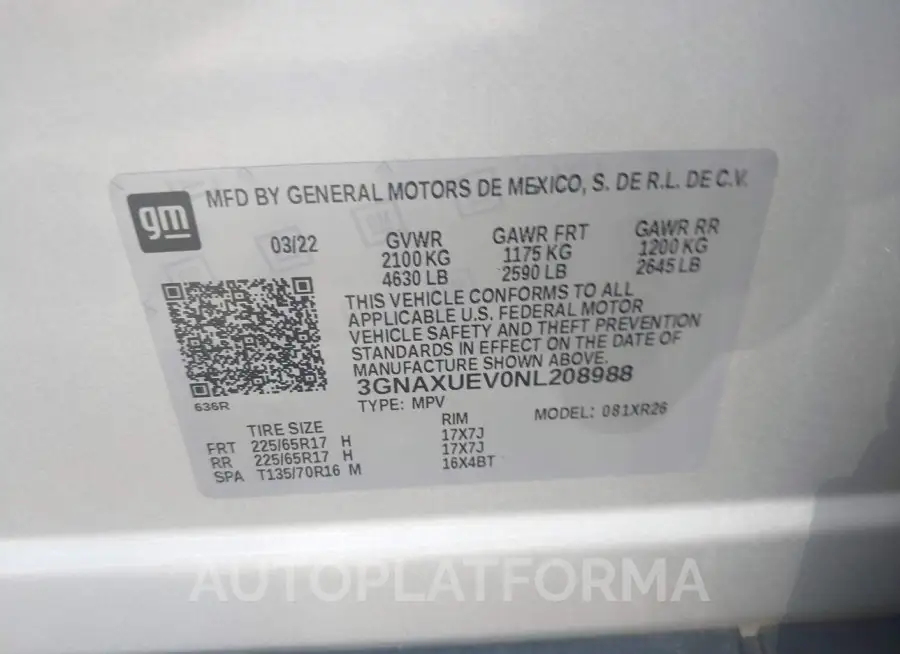 CHEVROLET EQUINOX 2022 vin 3GNAXUEV0NL208988 from auto auction Iaai