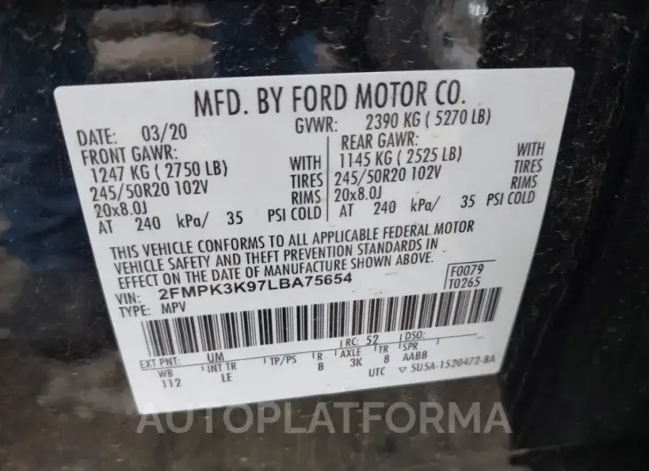 FORD EDGE 2020 vin 2FMPK3K97LBA75654 from auto auction Iaai