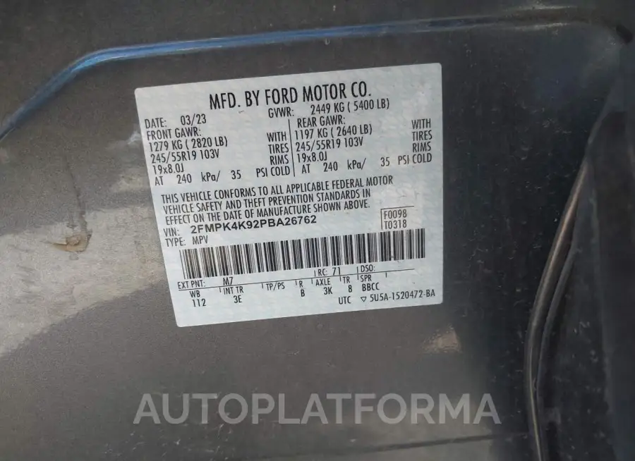 FORD EDGE 2023 vin 2FMPK4K92PBA26762 from auto auction Iaai