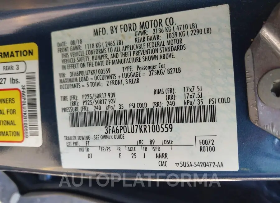 FORD FUSION HYBRID 2019 vin 3FA6P0LU7KR100559 from auto auction Iaai