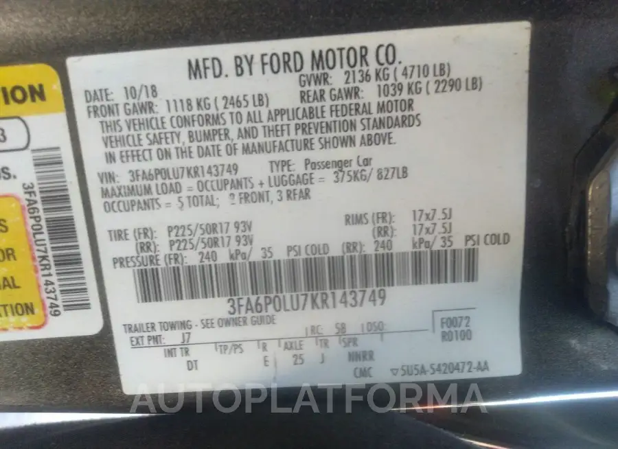 FORD FUSION HYBRID 2019 vin 3FA6P0LU7KR143749 from auto auction Iaai