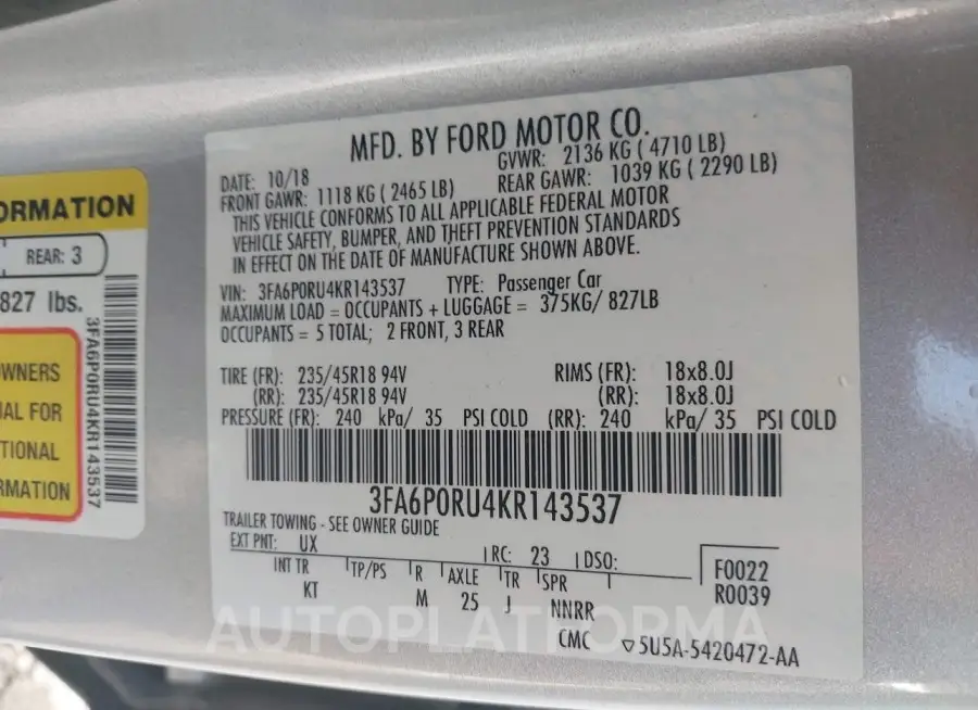 FORD FUSION HYBRID 2019 vin 3FA6P0RU4KR143537 from auto auction Iaai