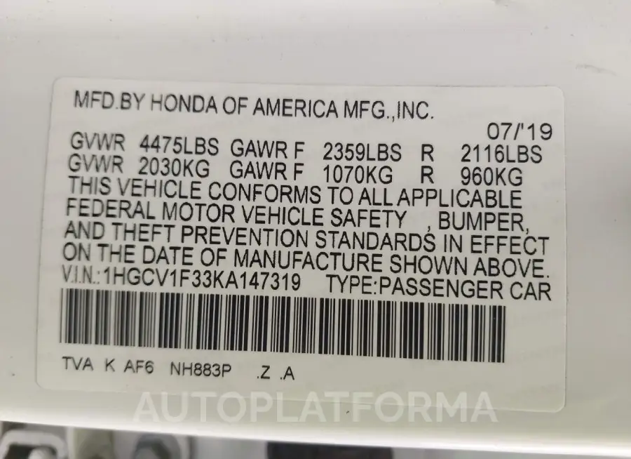 HONDA ACCORD 2019 vin 1HGCV1F33KA147319 from auto auction Iaai